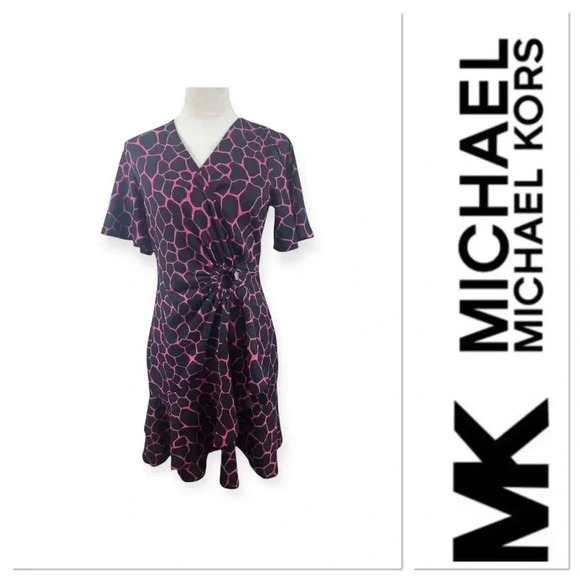 Michael Kors pink and black giraffe print flutter O ring dress size small - Picture 1 of 14